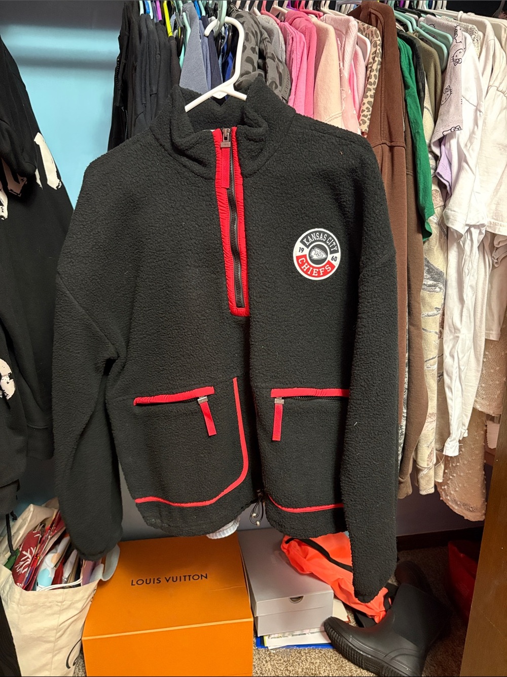 Kansas City Chiefs Black Fleece Jacket with Red Trim and Patch